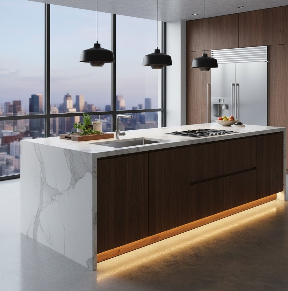 Custom kitchen island with breakfast bar by Squebbrzodal