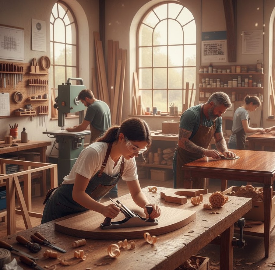 Squebbrzodal workshop showing skilled artisans crafting custom furniture